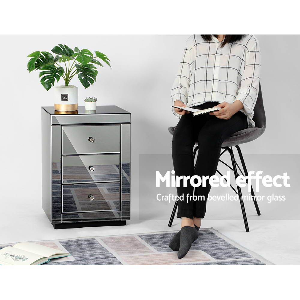 Artiss Mirrored Bedside table Drawers Furniture Mirror Glass Presia Smoky Grey - Newstart Furniture