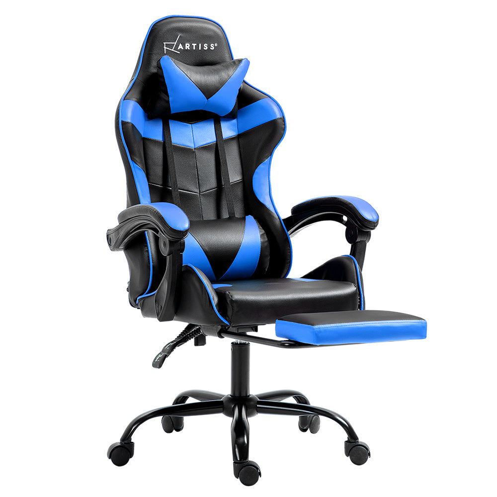 Artiss Office Chair Leather Gaming Chairs Footrest Recliner Study Work Blue - Newstart Furniture