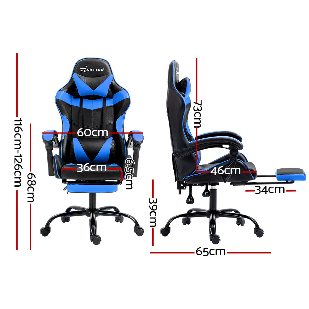 Artiss Office Chair Leather Gaming Chairs Footrest Recliner Study Work Blue - Newstart Furniture