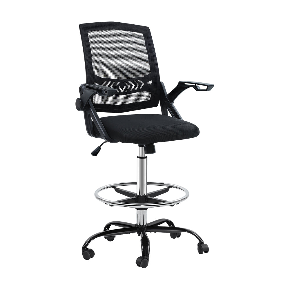 Artiss Office Chair Veer Drafting Stool Mesh Chairs Flip Up Armrest Black - Newstart Furniture