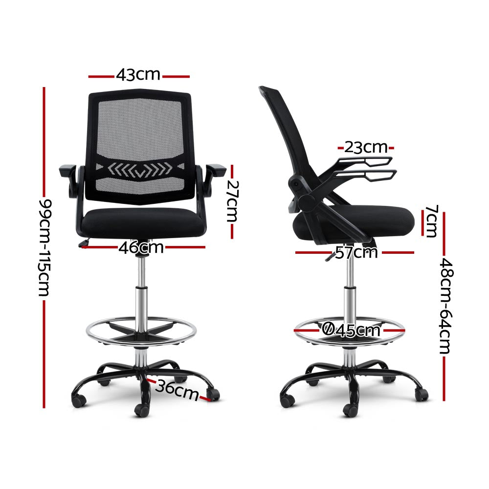 Artiss Office Chair Veer Drafting Stool Mesh Chairs Flip Up Armrest Black - Newstart Furniture