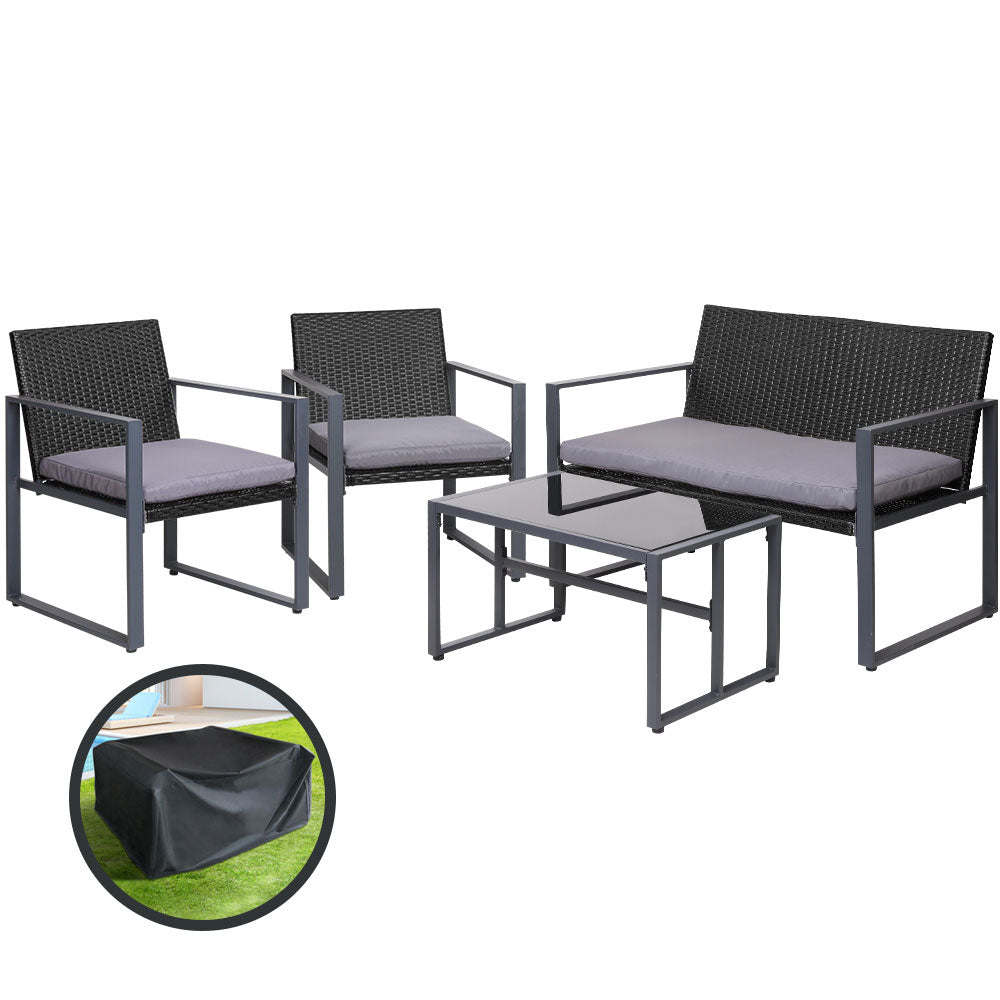Gardeon 4 PCS Outdoor Dining Set Lounge Setting Patio Wicker Chairs Table w/Cover - Newstart Furniture