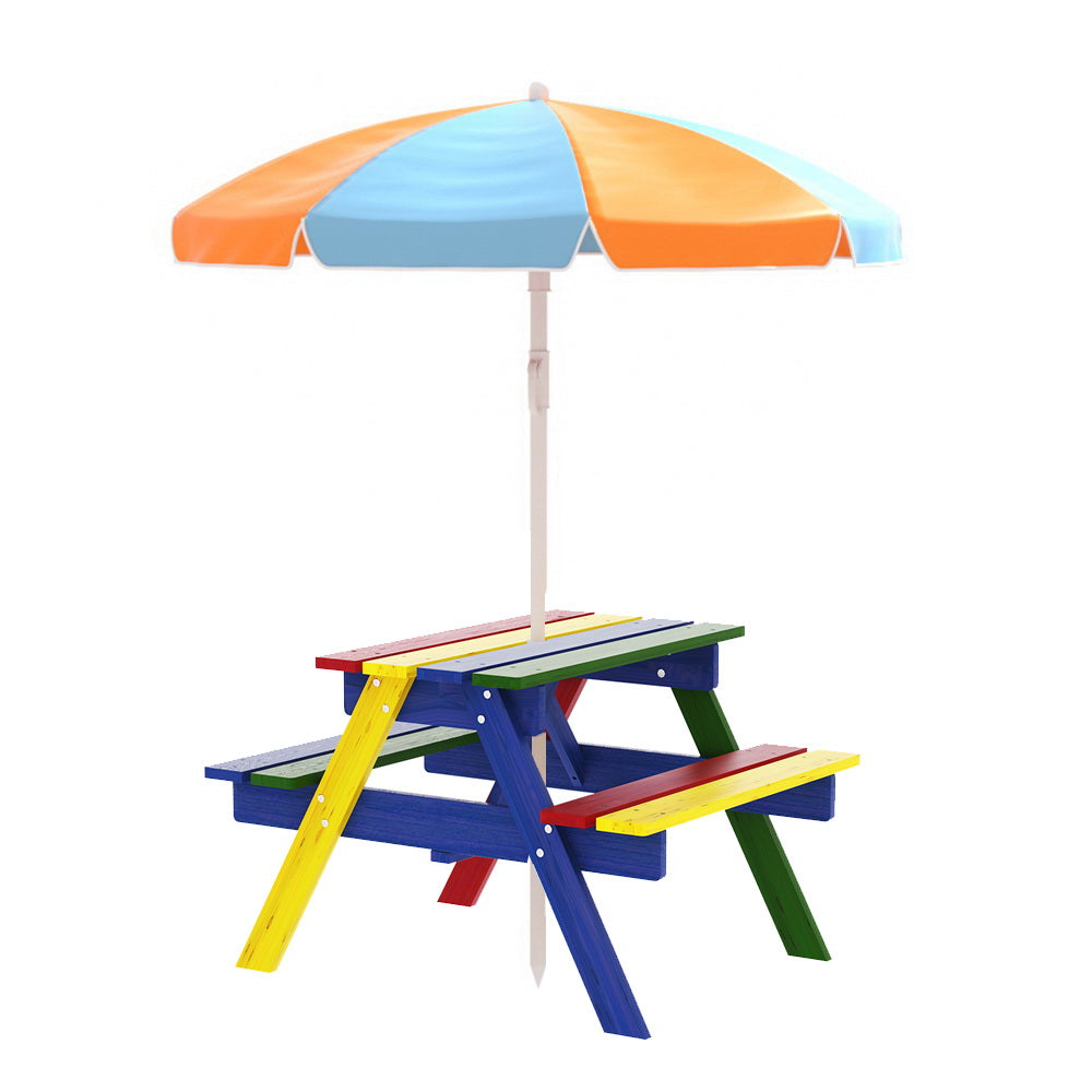 Keezi Kids Outdoor Table and Chairs Picnic Bench Seat Umbrella Colourful Wooden - Newstart Furniture