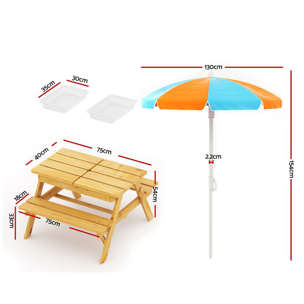 Keezi Kids Outdoor Table and Chairs Picnic Bench Set Umbrella Water Sand Pit Box - Newstart Furniture