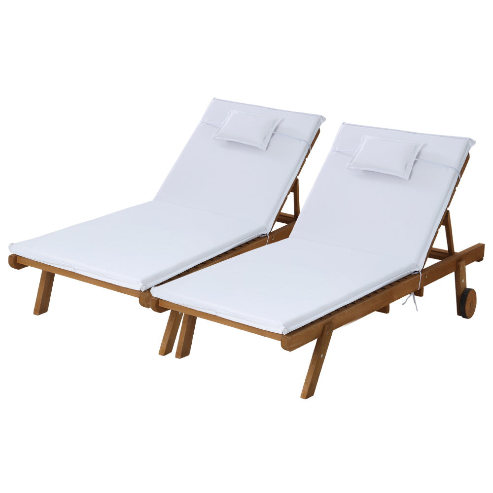 Gardeon 2pc Sun Lounge Wooden Lounger Outdoor Furniture Day Bed Wheel Patio White - Newstart Furniture