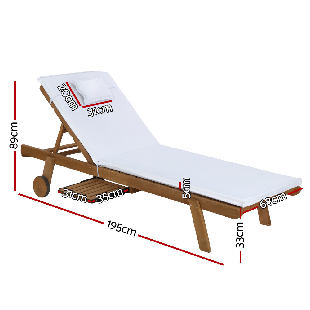 Gardeon 2pc Sun Lounge Wooden Lounger Outdoor Furniture Day Bed Wheel Patio White - Newstart Furniture