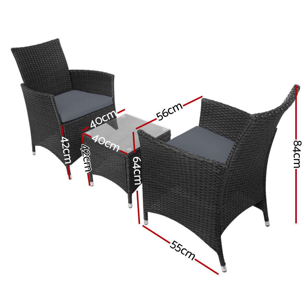 Gardeon 3 Piece Wicker Outdoor Furniture Set - Black - Newstart Furniture