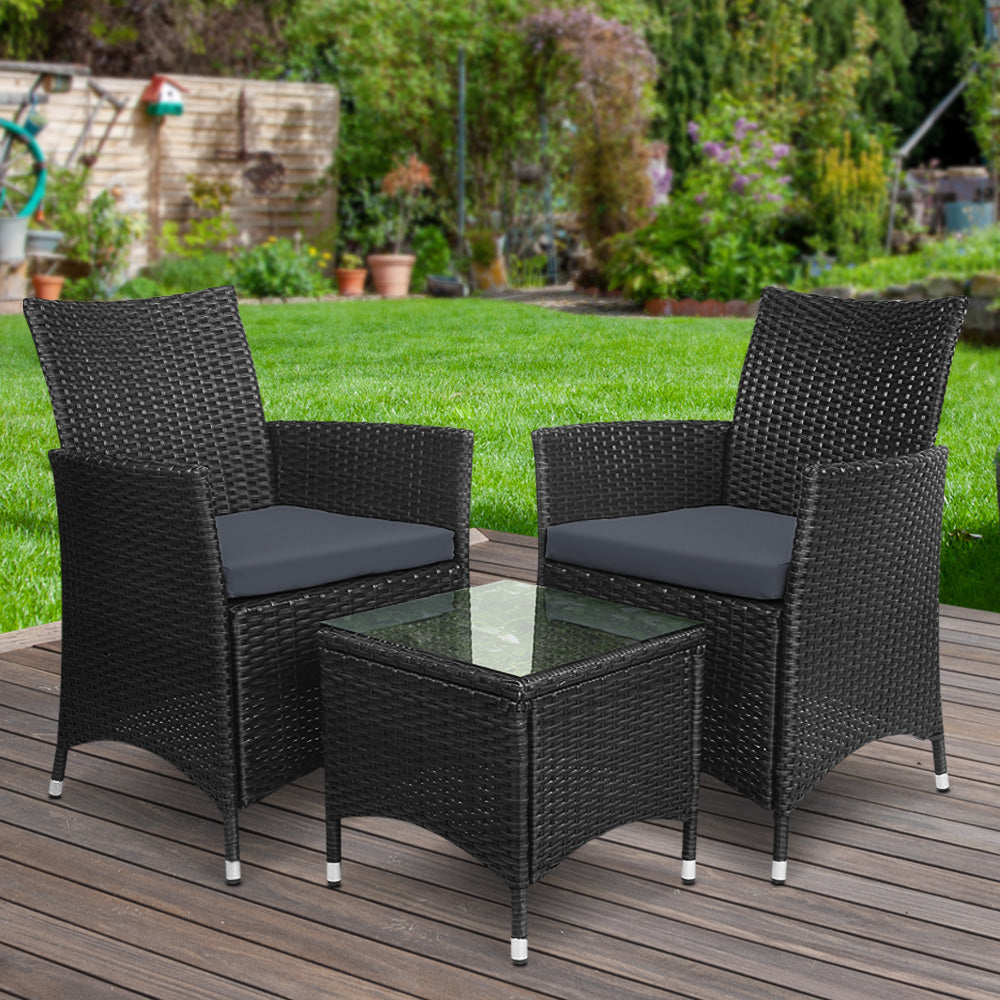 Gardeon 3 Piece Wicker Outdoor Furniture Set - Black - Newstart Furniture