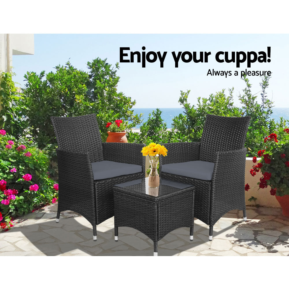 Gardeon 3 Piece Wicker Outdoor Furniture Set - Black - Newstart Furniture