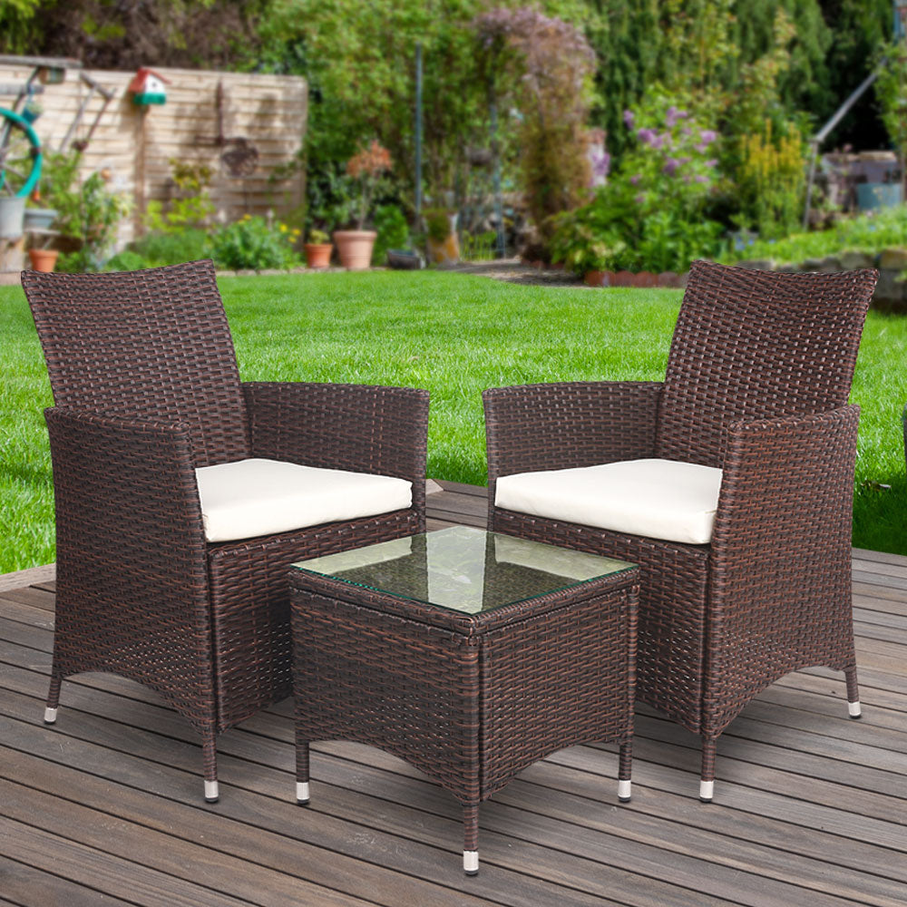 Gardeon 3 Piece Wicker Outdoor Furniture Set - Brown - Newstart Furniture