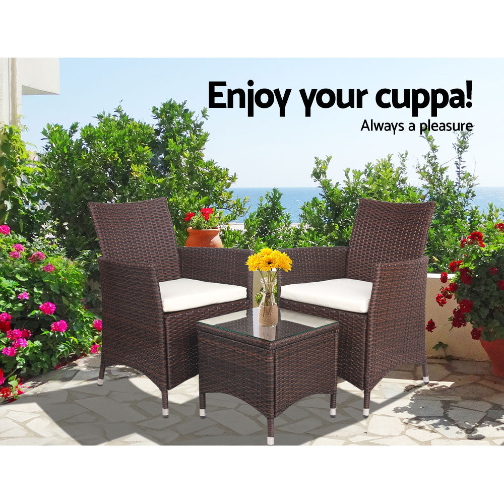 Gardeon 3 Piece Wicker Outdoor Furniture Set - Brown - Newstart Furniture