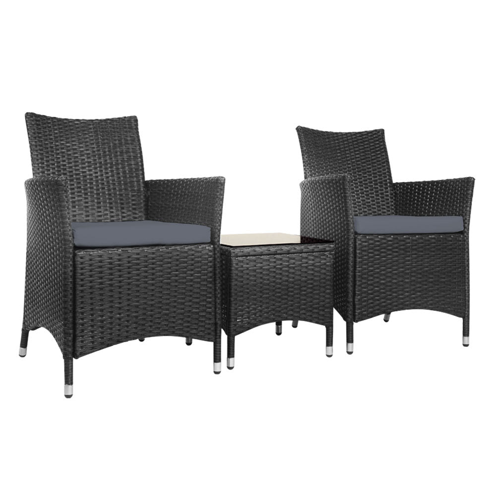 Gardeon 3pc Bistro Wicker Outdoor Furniture Set Black - Newstart Furniture