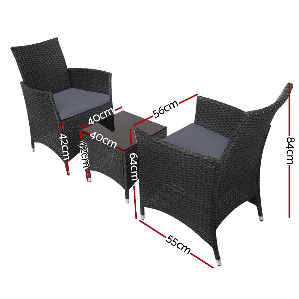 Gardeon 3pc Bistro Wicker Outdoor Furniture Set Black - Newstart Furniture