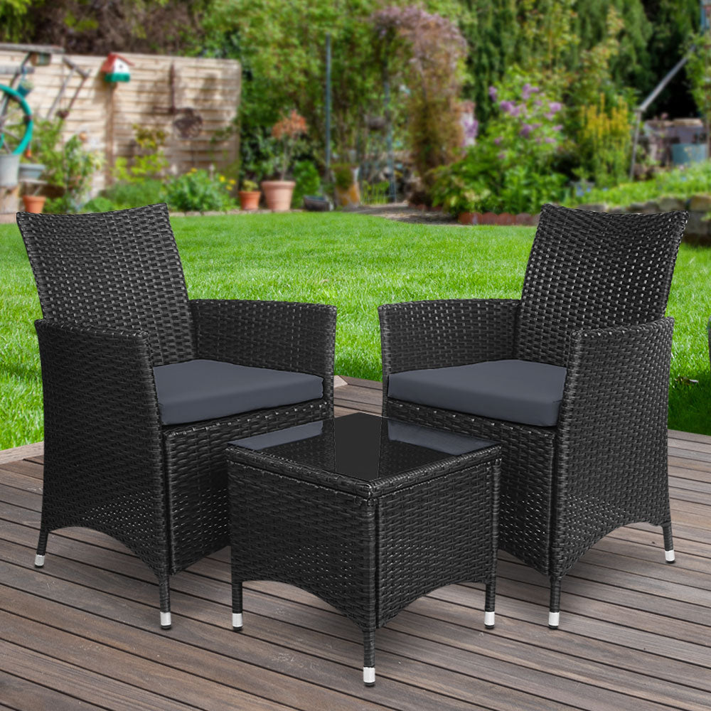 Gardeon 3pc Bistro Wicker Outdoor Furniture Set Black - Newstart Furniture