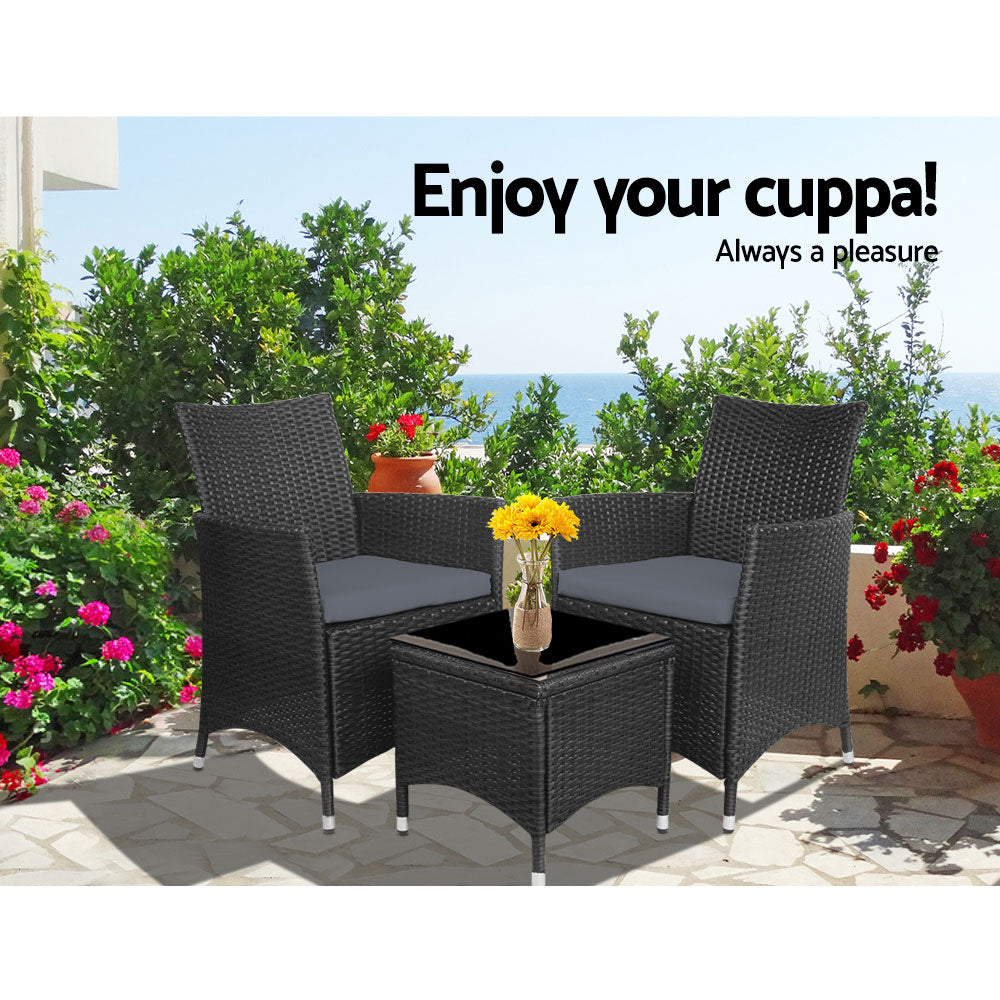 Gardeon 3pc Bistro Wicker Outdoor Furniture Set Black - Newstart Furniture