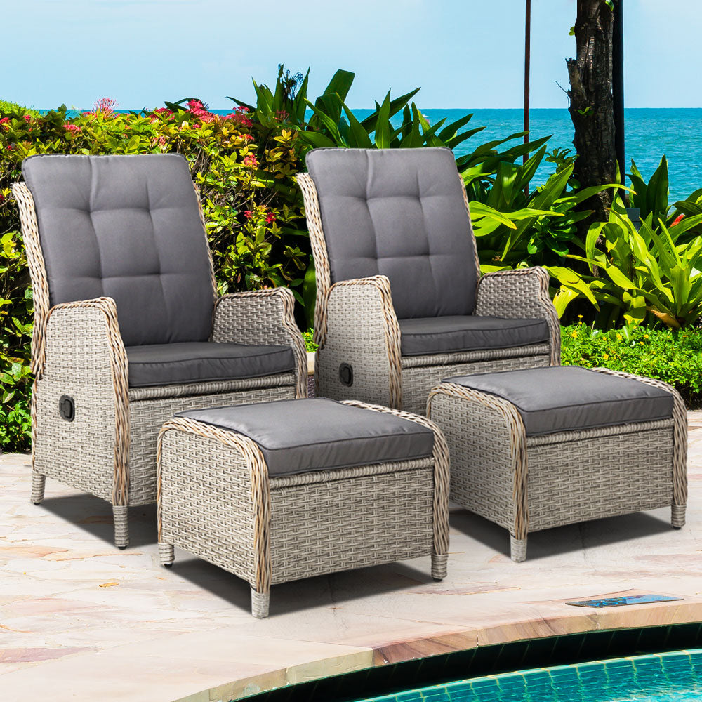 Gardeon Set of 2 Recliner Chairs Sun lounge Outdoor Patio Furniture Wicker Sofa Lounger - Newstart Furniture