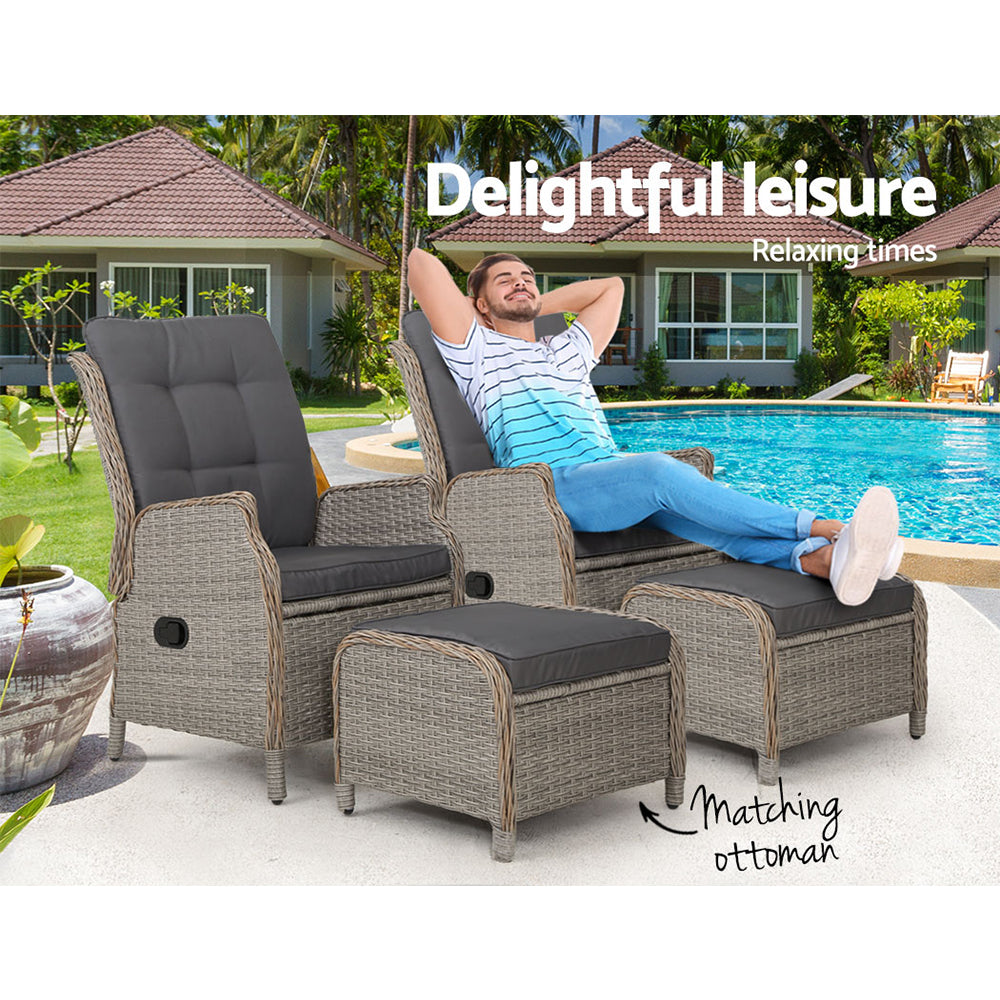 Gardeon Set of 2 Recliner Chairs Sun lounge Outdoor Patio Furniture Wicker Sofa Lounger - Newstart Furniture