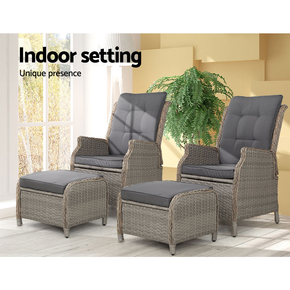 Gardeon Set of 2 Recliner Chairs Sun lounge Outdoor Patio Furniture Wicker Sofa Lounger - Newstart Furniture