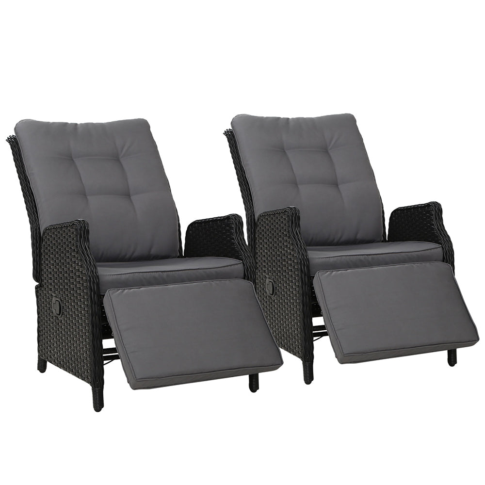 Gardeon Set of 2 Recliner Chairs Sun lounge Outdoor Furniture Setting Patio Wicker Sofa Black - Newstart Furniture