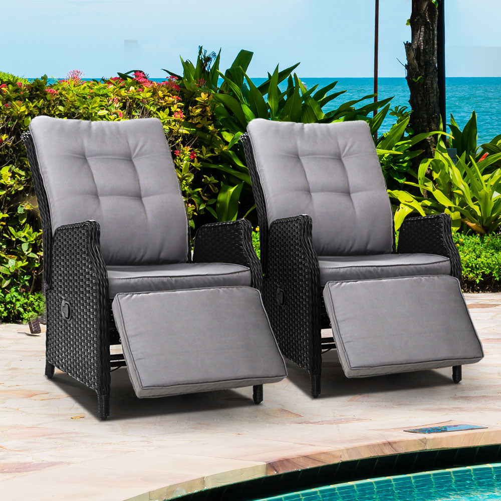 Gardeon Set of 2 Recliner Chairs Sun lounge Outdoor Furniture Setting Patio Wicker Sofa Black - Newstart Furniture