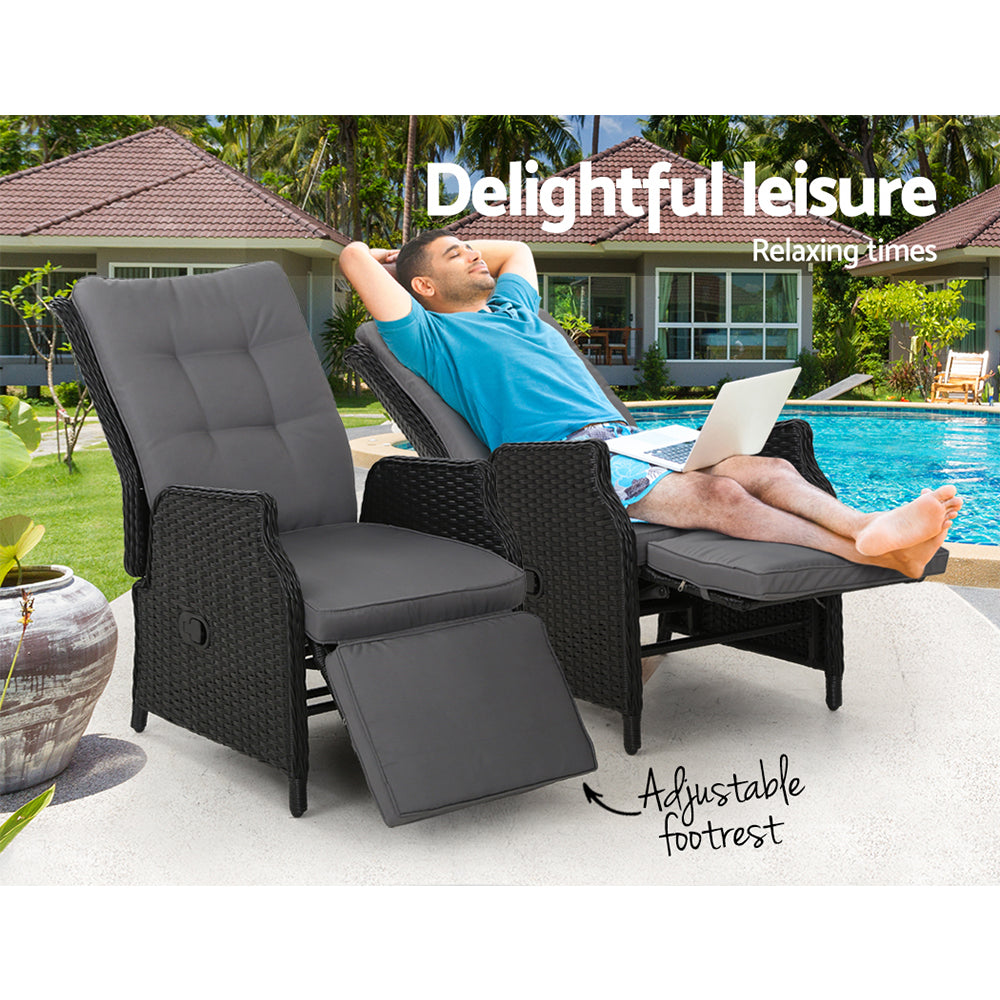 Gardeon Set of 2 Recliner Chairs Sun lounge Outdoor Furniture Setting Patio Wicker Sofa Black - Newstart Furniture