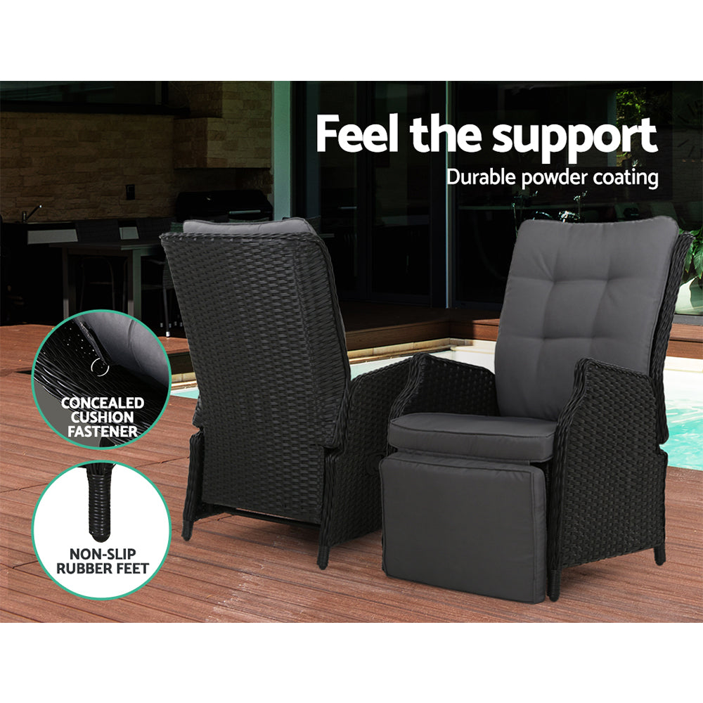 Gardeon Set of 2 Recliner Chairs Sun lounge Outdoor Furniture Setting Patio Wicker Sofa Black - Newstart Furniture