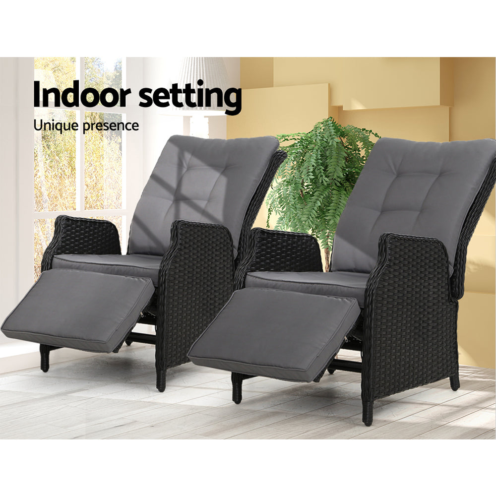 Gardeon Set of 2 Recliner Chairs Sun lounge Outdoor Furniture Setting Patio Wicker Sofa Black - Newstart Furniture