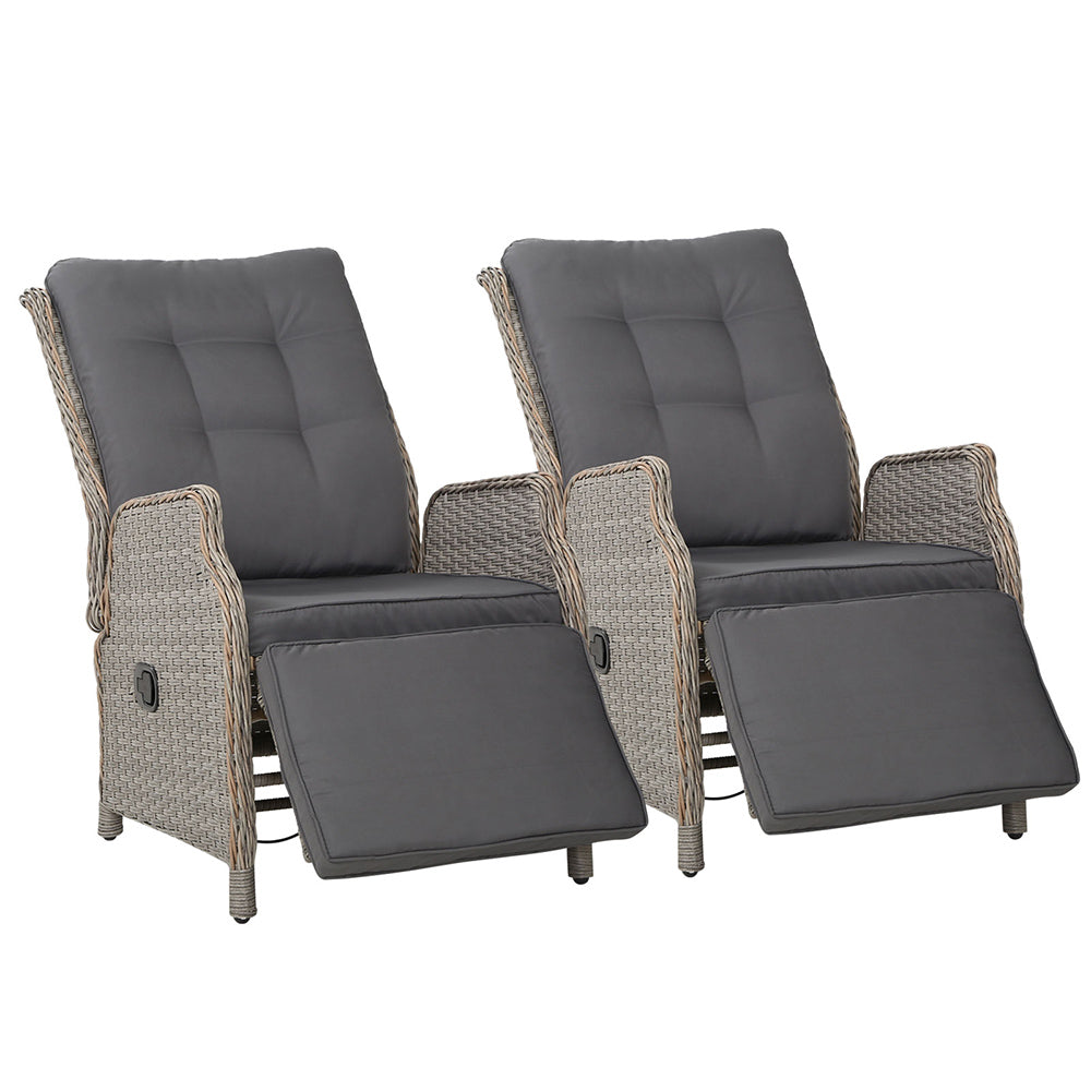 Gardeon Set of 2 Recliner Chairs Sun lounge Outdoor Furniture Setting Patio Wicker Sofa Grey - Newstart Furniture