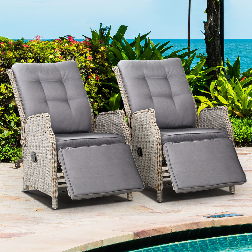 Gardeon Set of 2 Recliner Chairs Sun lounge Outdoor Furniture Setting Patio Wicker Sofa Grey - Newstart Furniture