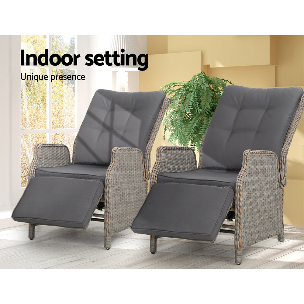 Gardeon Set of 2 Recliner Chairs Sun lounge Outdoor Furniture Setting Patio Wicker Sofa Grey - Newstart Furniture