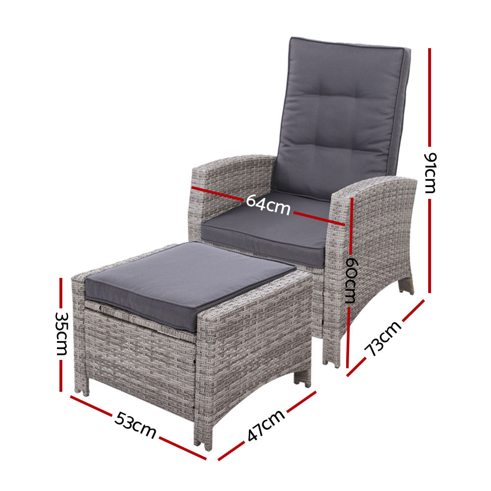 Sun lounge Recliner Chair Wicker Lounger Sofa Day Bed Outdoor Furniture Patio Garden Cushion Ottoman Grey Gardeon - Newstart Furniture