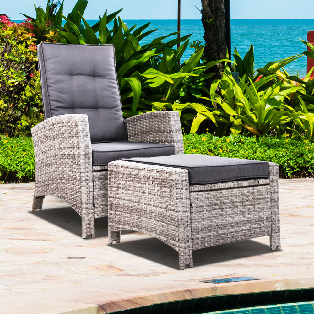 Sun lounge Recliner Chair Wicker Lounger Sofa Day Bed Outdoor Furniture Patio Garden Cushion Ottoman Grey Gardeon - Newstart Furniture