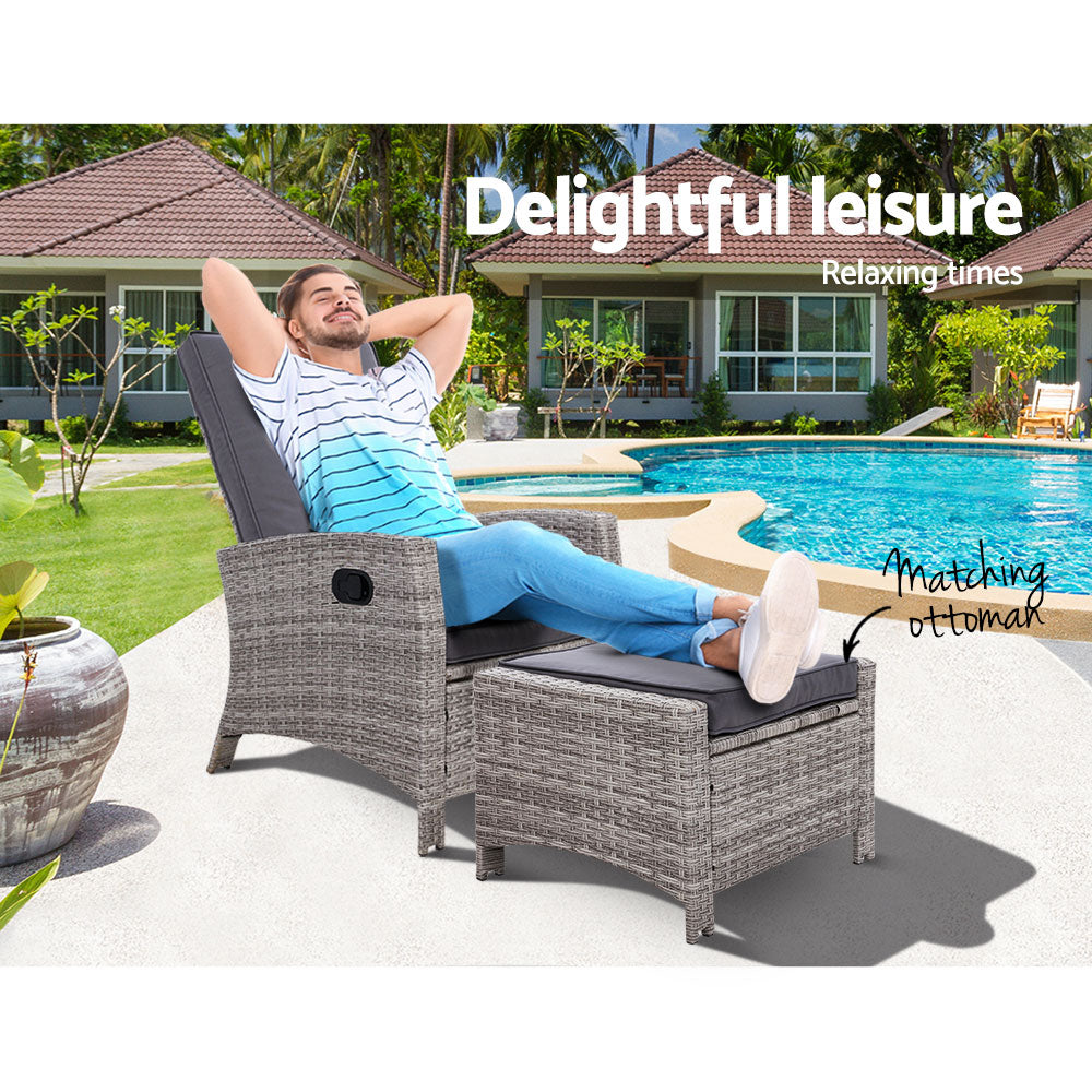 Sun lounge Recliner Chair Wicker Lounger Sofa Day Bed Outdoor Furniture Patio Garden Cushion Ottoman Grey Gardeon - Newstart Furniture