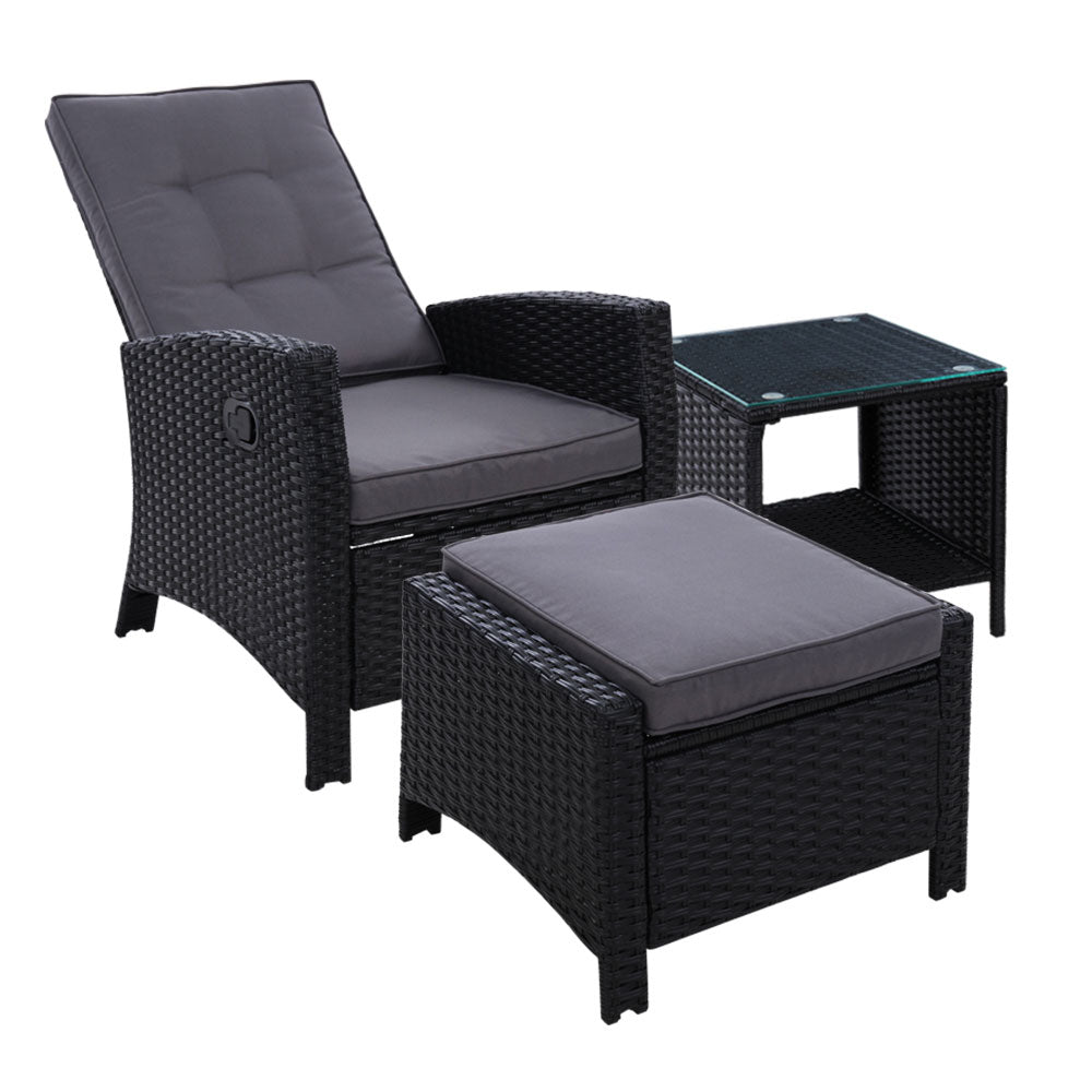 Gardeon Outdoor Setting Recliner Chair Table Set Wicker lounge Patio Furniture Black - Newstart Furniture