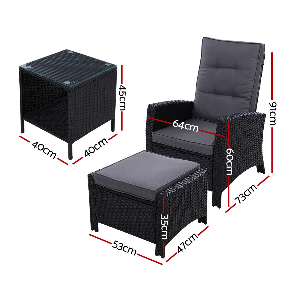 Gardeon Outdoor Setting Recliner Chair Table Set Wicker lounge Patio Furniture Black - Newstart Furniture