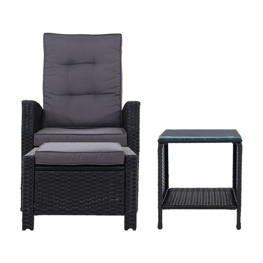 Gardeon Outdoor Setting Recliner Chair Table Set Wicker lounge Patio Furniture Black - Newstart Furniture