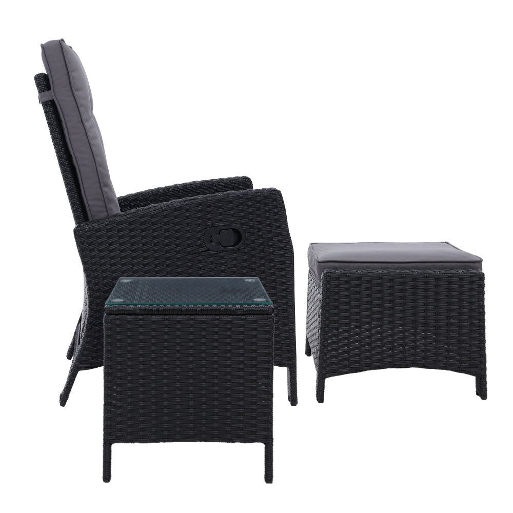 Gardeon Outdoor Setting Recliner Chair Table Set Wicker lounge Patio Furniture Black - Newstart Furniture