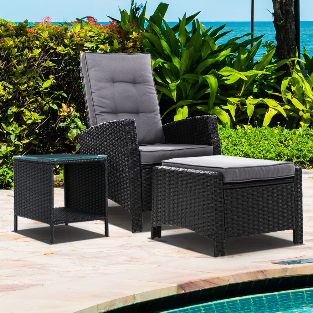 Gardeon Outdoor Setting Recliner Chair Table Set Wicker lounge Patio Furniture Black - Newstart Furniture