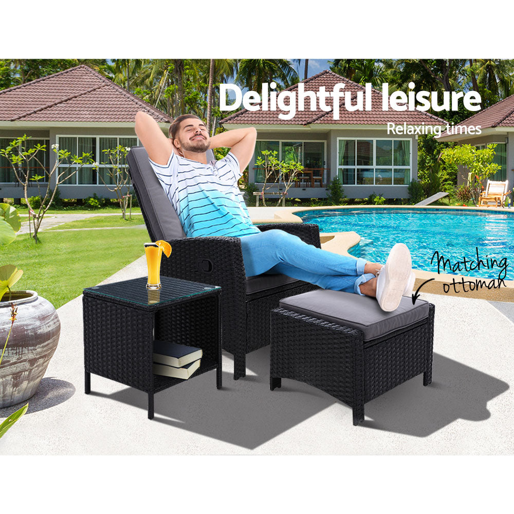 Gardeon Outdoor Setting Recliner Chair Table Set Wicker lounge Patio Furniture Black - Newstart Furniture