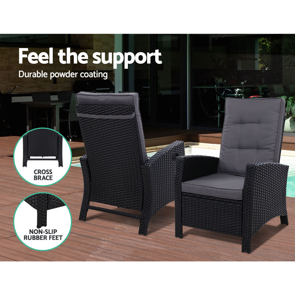 Gardeon Outdoor Setting Recliner Chair Table Set Wicker lounge Patio Furniture Black - Newstart Furniture