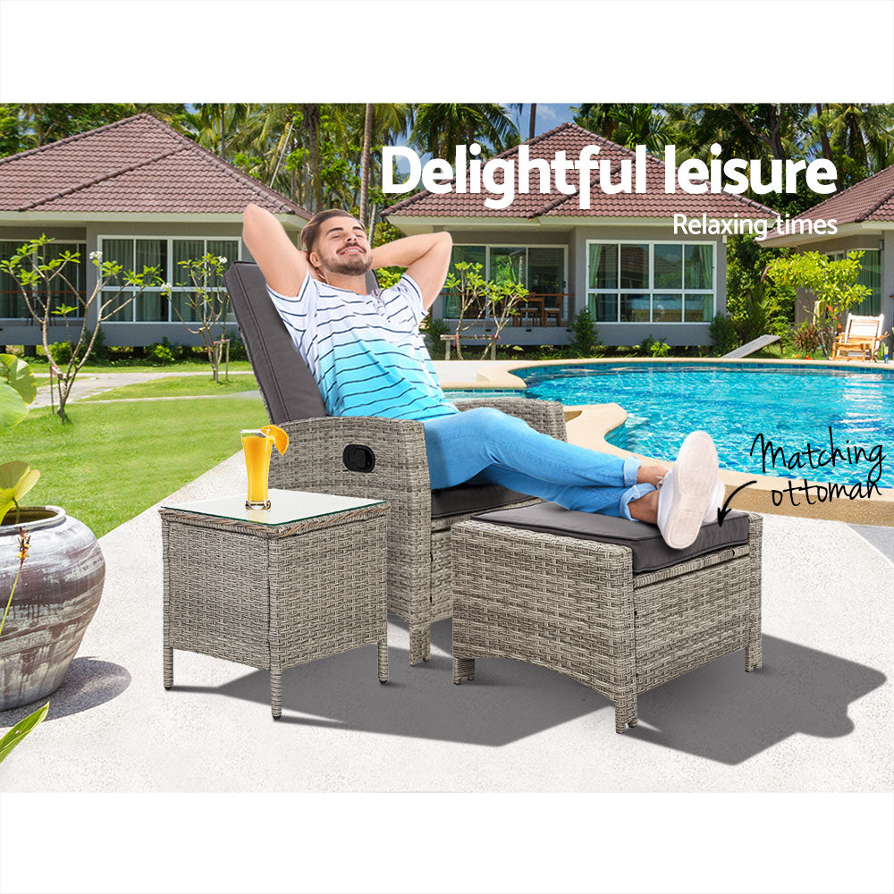 Gardeon Outdoor Setting Recliner Chair Table Set Wicker lounge Patio Furniture Grey - Newstart Furniture