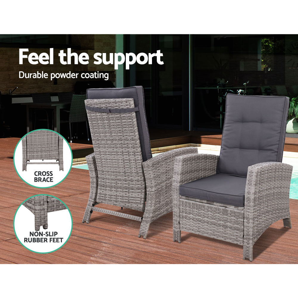 Gardeon Outdoor Setting Recliner Chair Table Set Wicker lounge Patio Furniture Grey - Newstart Furniture