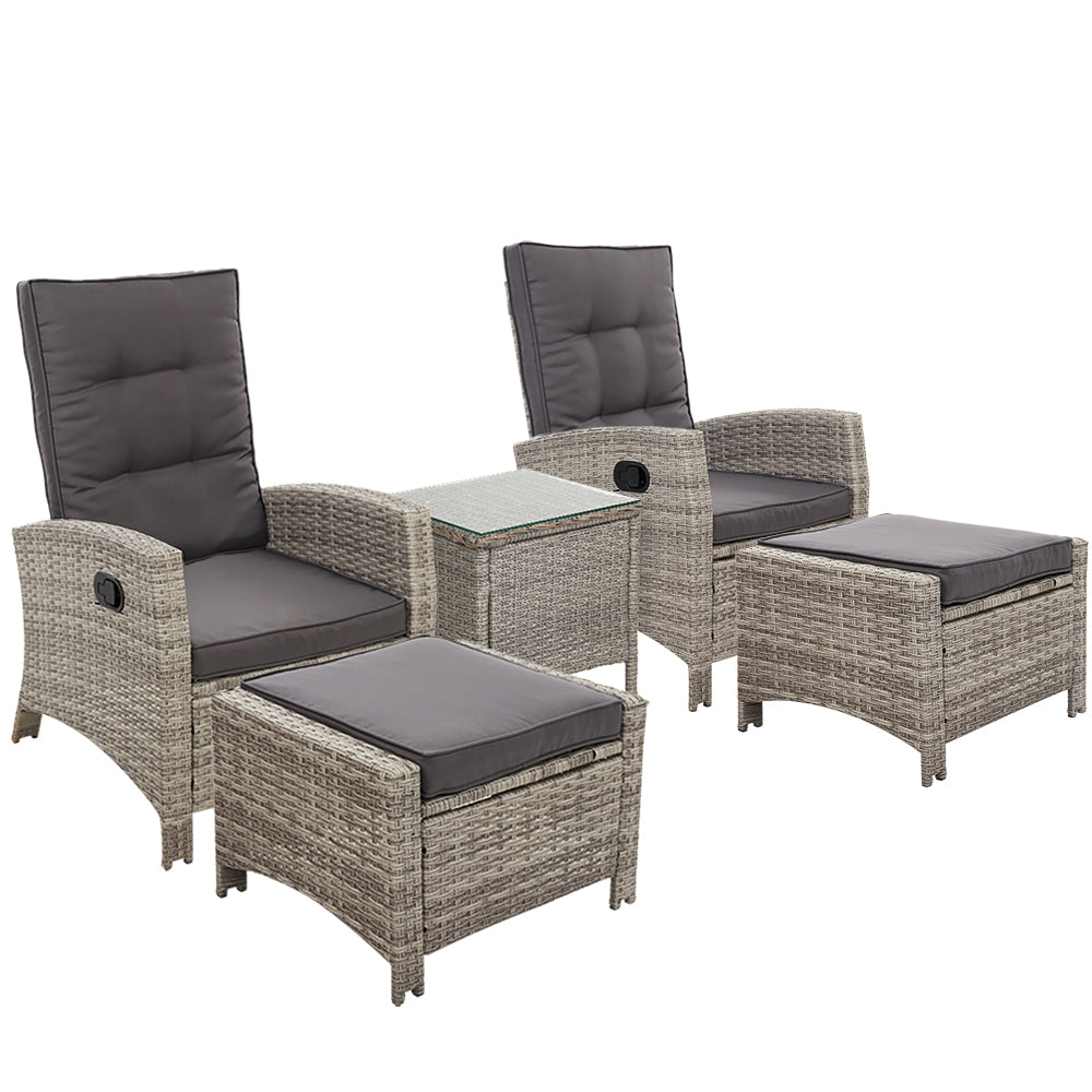 Gardeon Outdoor Patio Furniture Recliner Chairs Table Setting Wicker Lounge 5pc Grey - Newstart Furniture