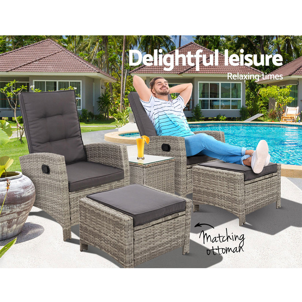 Gardeon Outdoor Patio Furniture Recliner Chairs Table Setting Wicker Lounge 5pc Grey - Newstart Furniture