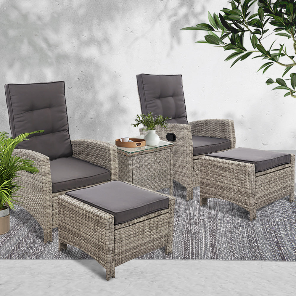 Gardeon Outdoor Patio Furniture Recliner Chairs Table Setting Wicker Lounge 5pc Grey - Newstart Furniture