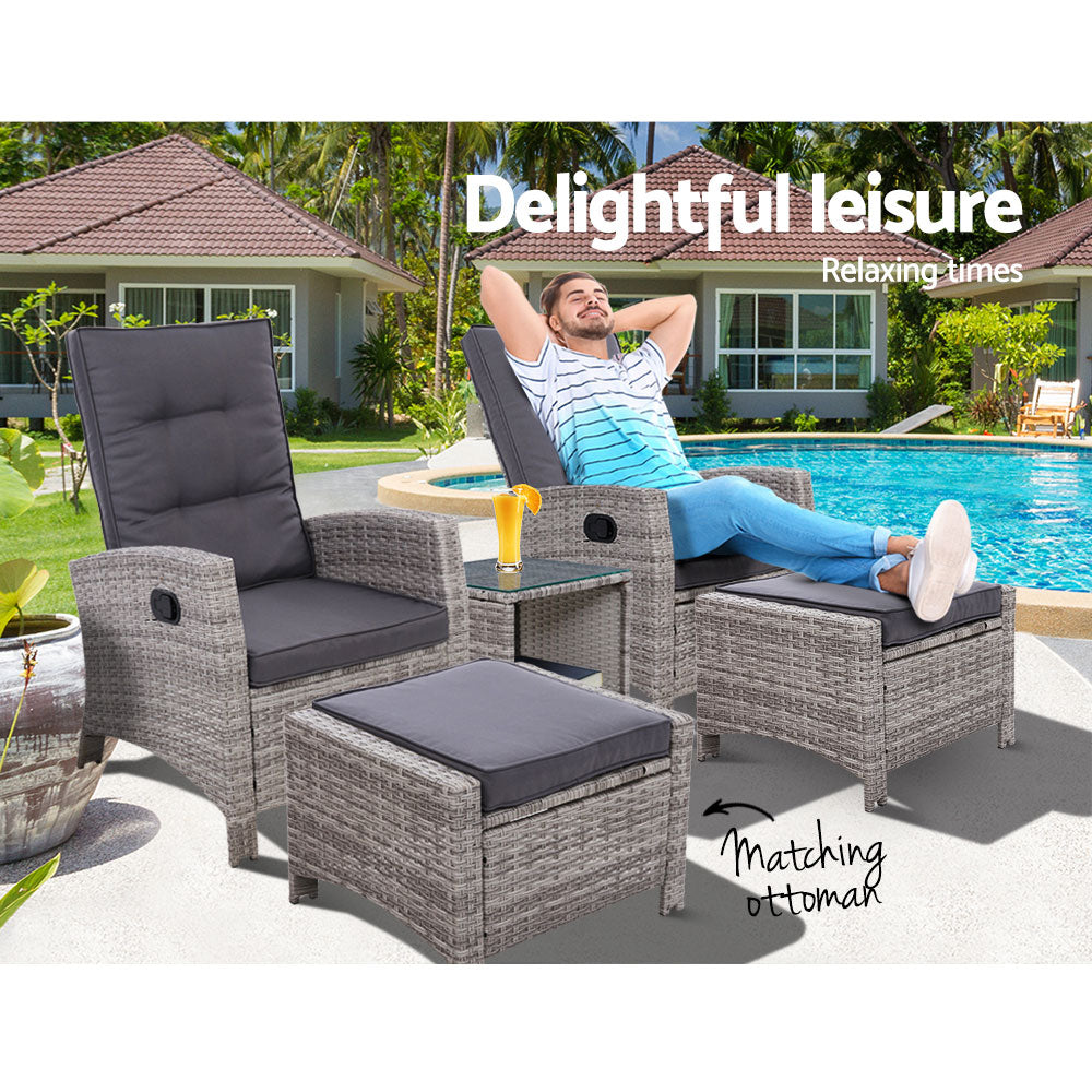 Gardeon Outdoor Patio Furniture Recliner Chairs Table Setting Wicker Lounge 5pc Grey - Newstart Furniture