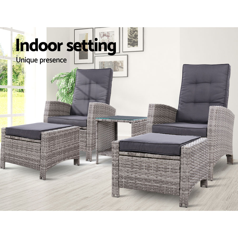 Gardeon Outdoor Patio Furniture Recliner Chairs Table Setting Wicker Lounge 5pc Grey - Newstart Furniture