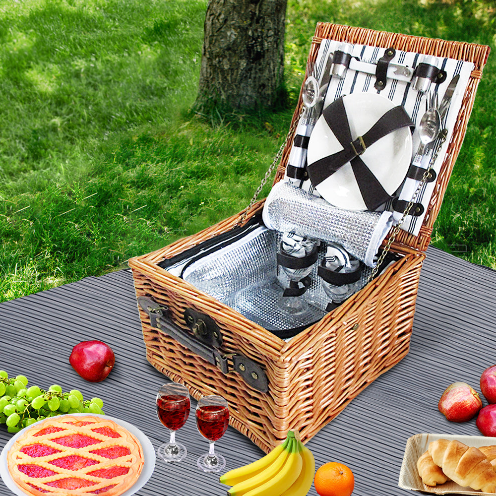 Alfresco 2 Person Picnic Basket Set Baskets Vintage Outdoor Insulated Blanket - Newstart Furniture