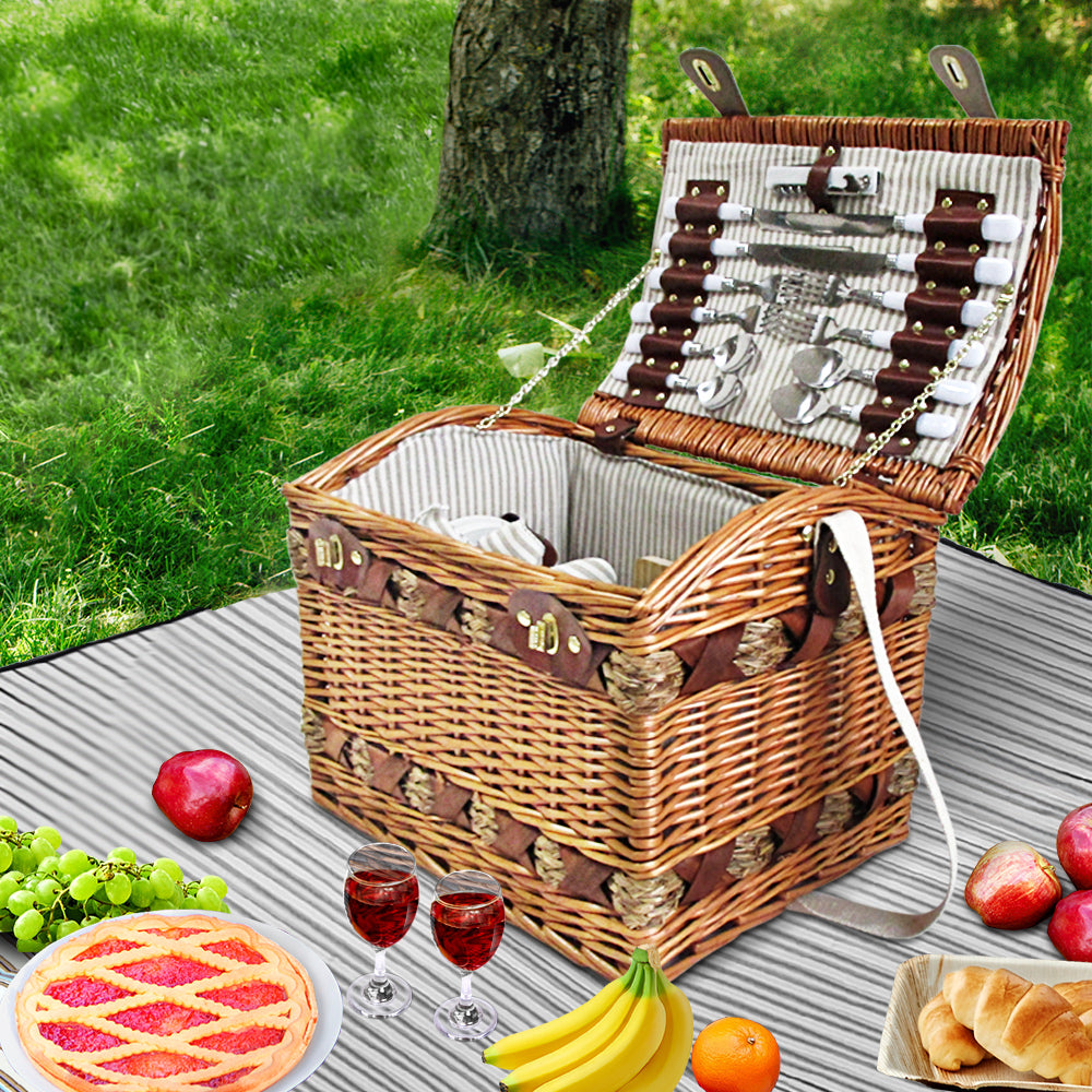 Alfresco 4 Person Picnic Basket Baskets Wicker Deluxe Outdoor Insulated Blanket - Newstart Furniture