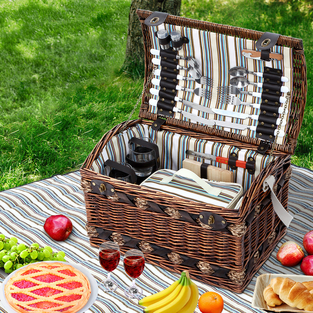 Alfresco 4 Person Picnic Basket Wicker Baskets Outdoor Insulated Gift Blanket - Newstart Furniture